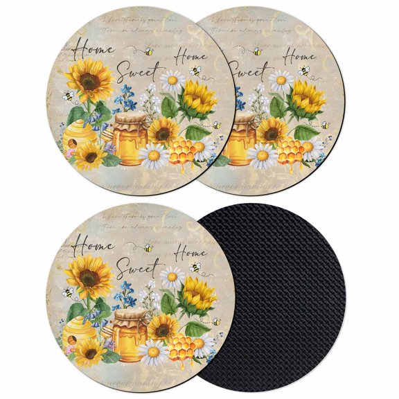 Yellow Sunflowers Coasters Set of 4, Absorbent Coasters for Drinks, Elegant Pastoral Floral Daisy Bees Coaster for Desk Coffee Table Protection, Home Decor House Warming Gifts 4"
