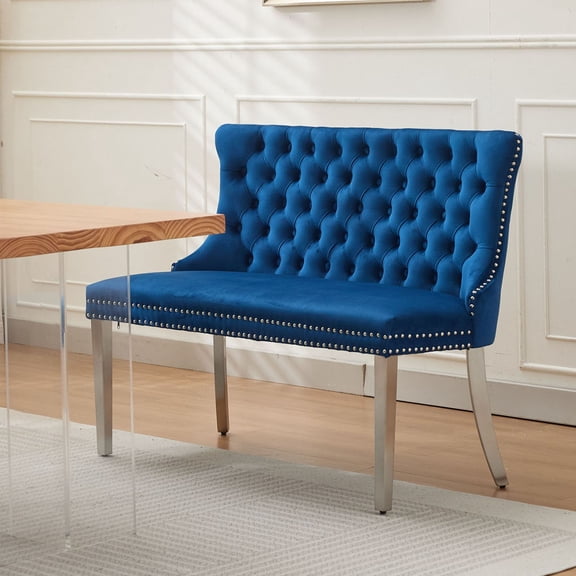S-HOME Velvet Double Dining Loveseat Bench With Brushed Silver Stainless Steel Legs For Two Sitters, Blue