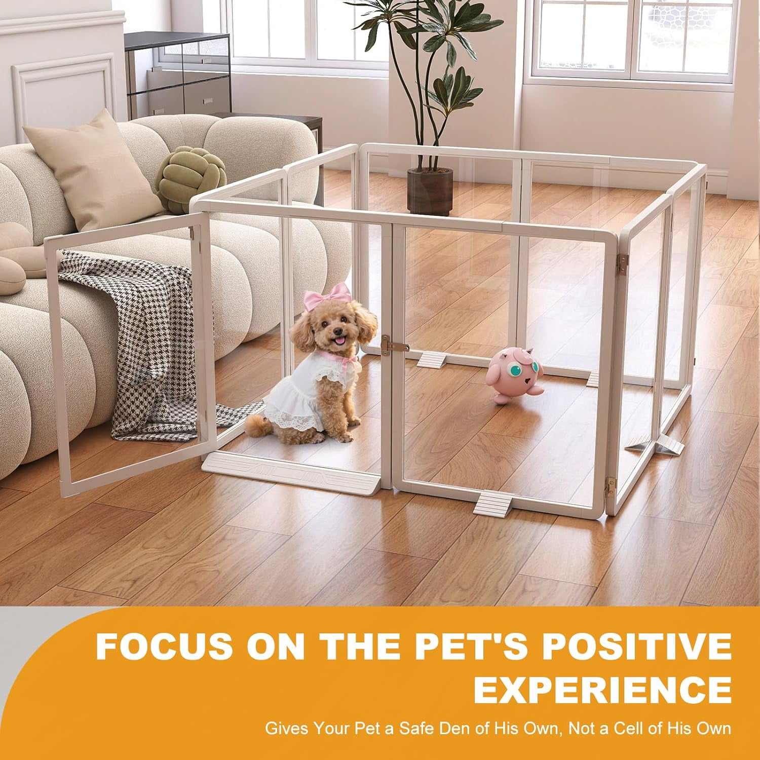 Slsy Indoor Clear Dog Playpen, Foldable Dog Playpen for Puppies, Cats and Small Animals, 26 Inch Clear Pet Puppy Playpen, 8 Panels, White Aluminum Frame
