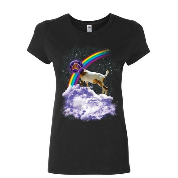 Tee Hunt Rainbow Goat on a Cloud Women's T-Shirt Galaxy Space Funny Universe Gag Shirt