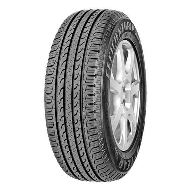 llanta 235/55r19 xl goodyear efficientgrip suv 105v Neumático negro Goodyear 235/55R19 con flanco marcado 'EFFICIENTGRIP SUV'. Vista 3/4 frontal montada en rin plateado; patrón de rodado con cuatro canales longitudinales y ranuras transversales visibles. Ofrece agarre en piso seco y mojado y mayor estabilidad en el manejo; a menudo se usa también como reemplazo para SUVs de uso diario.