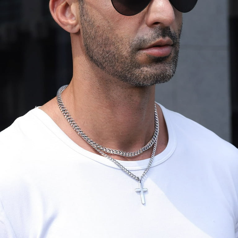 Double Layer Stainless Steel Cross Pendant Necklace for Men Punk Fashion Silver Plated Adjustable Chain Necklace Choker Jewelry Gift