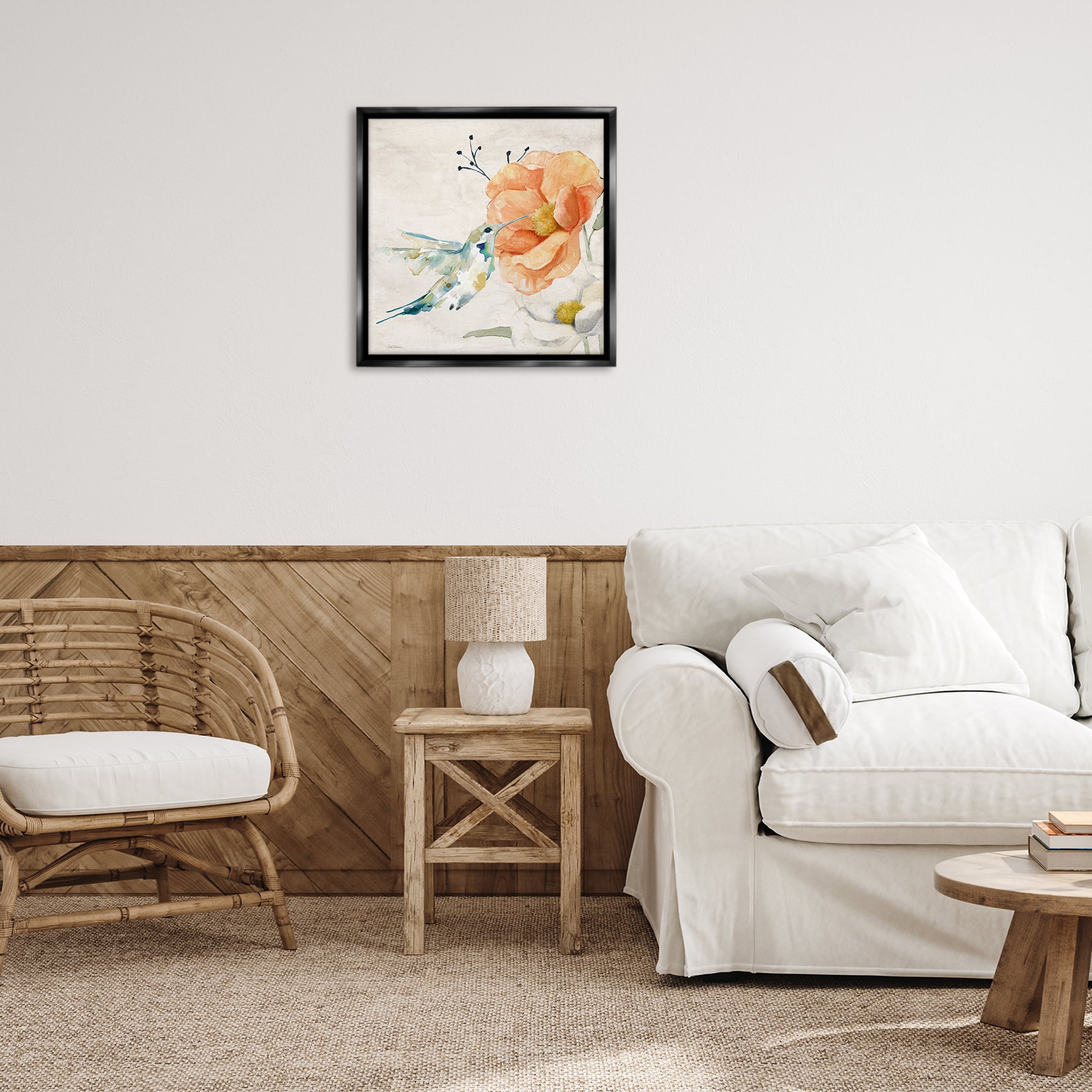 Stupell Industries Blossom & Hummingbird Plants & Flowers Painting Black Floater Framed Canvas Art Print Wall Art, 25 x 25