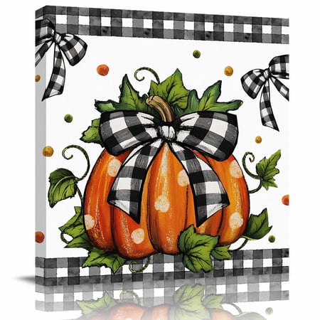 Wall Art Prints Orange Pumpkins Framed Canvas Prints for Bedroom Living Room Bathroom Office Polka Dot Bow Fall Maple Leaves Plaid Gallery Wrap Wall Art Poster for Gifts Home Decor 12 x12