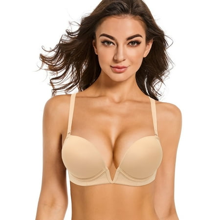 Yandw Women S Deep V Plunge Padded Push Up Convertible Bra With Clear Straps Low Cut Underwire Bra  Beige 34D