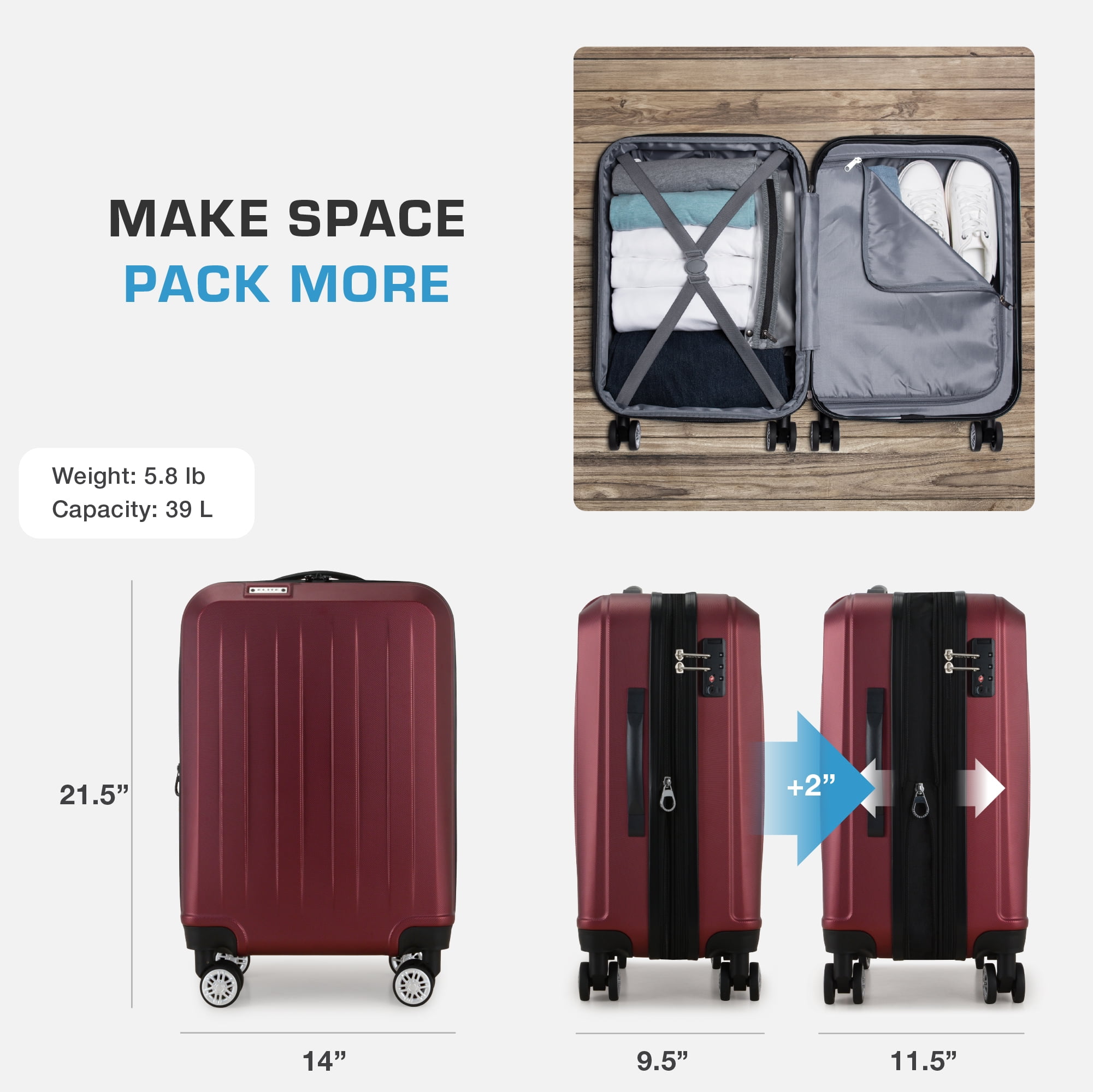 Elite Luggage Dori Hardside Expandable Carry-On Spinner Luggage, Black, 21" Carry-on