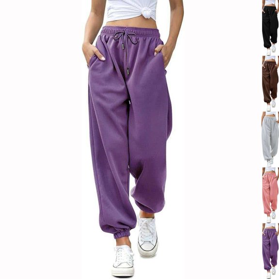 2026 Petite Sweatpants for Women Baggy Drawsting High Waisted Wide Leg Sweat Pants Casual Workout Joggers with Pockets Purple XL