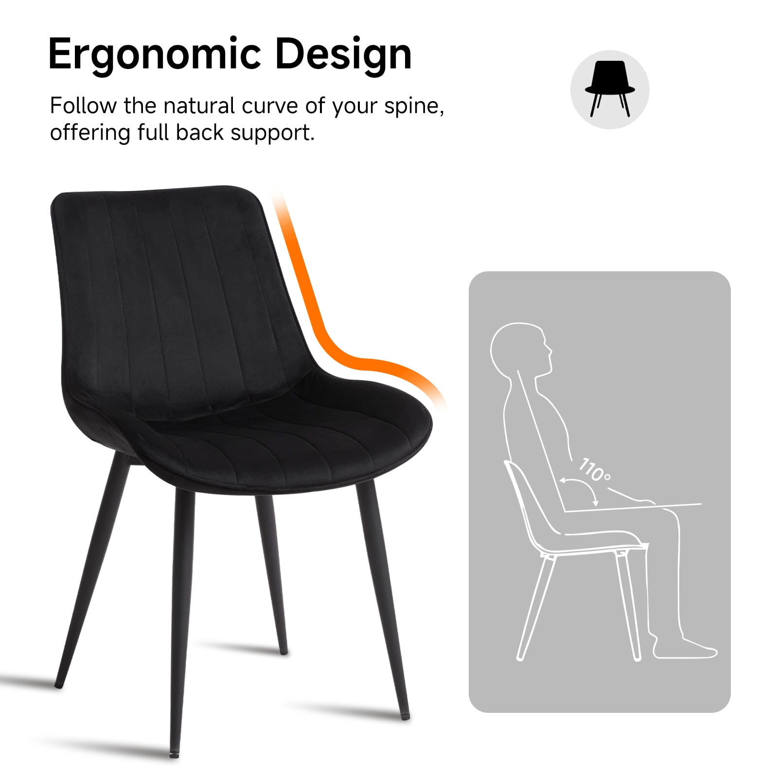 Velvet Dining Chairs Set of 4, Modern Upholstered Armless Kitchen Chair with Metal Legs for Bedroom Living Waiting Room, Black