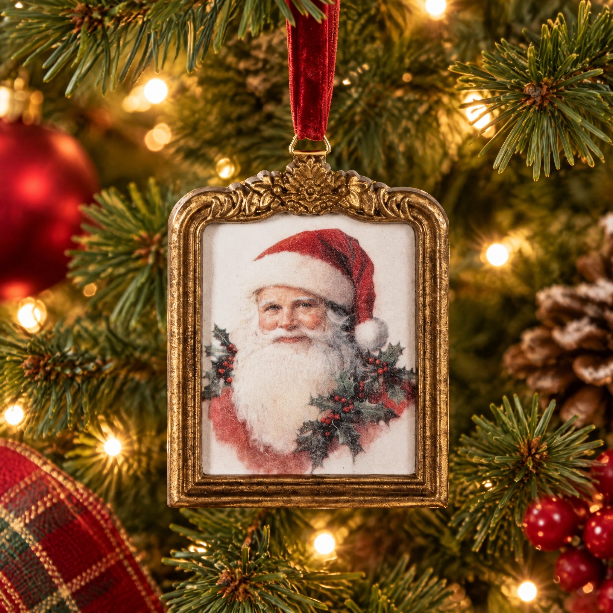 Multicolor Santa with Holly Paper Print in Frame Christmas Ornament, 4", by Holiday Time