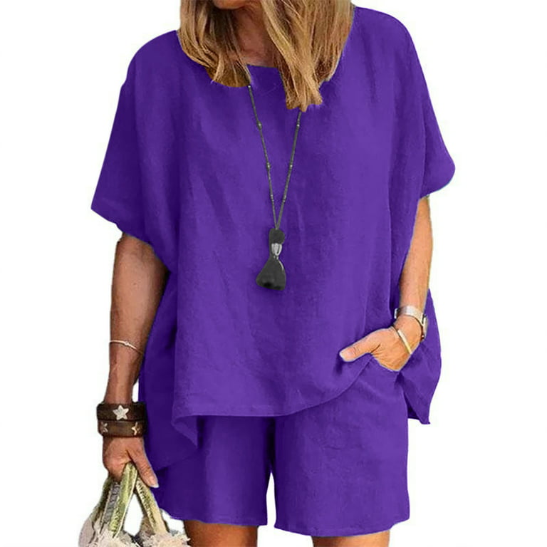 REORIAFEE Cute Outfits for Women Summer Date Night Outfit Women Casual  Summer Round Neck Short Sleeve Tops Shorts Two Pieces Set Suit Purple XL 