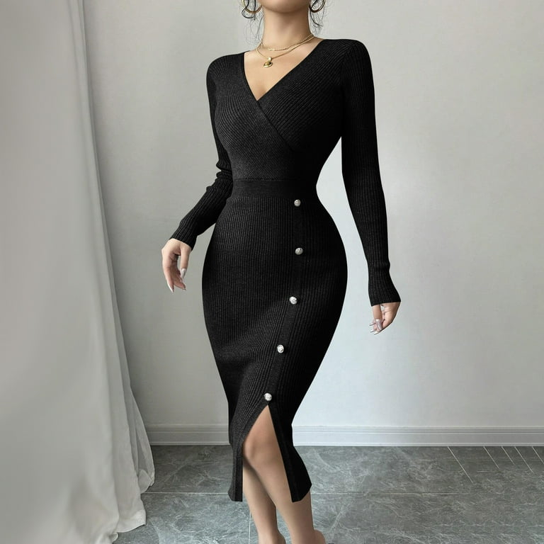 AUNVITO Women's Slim Fit Bodycon Knitted Dress Stretchy Nylon Spandex Solid  Color Layering Innerwear - Walmart.com