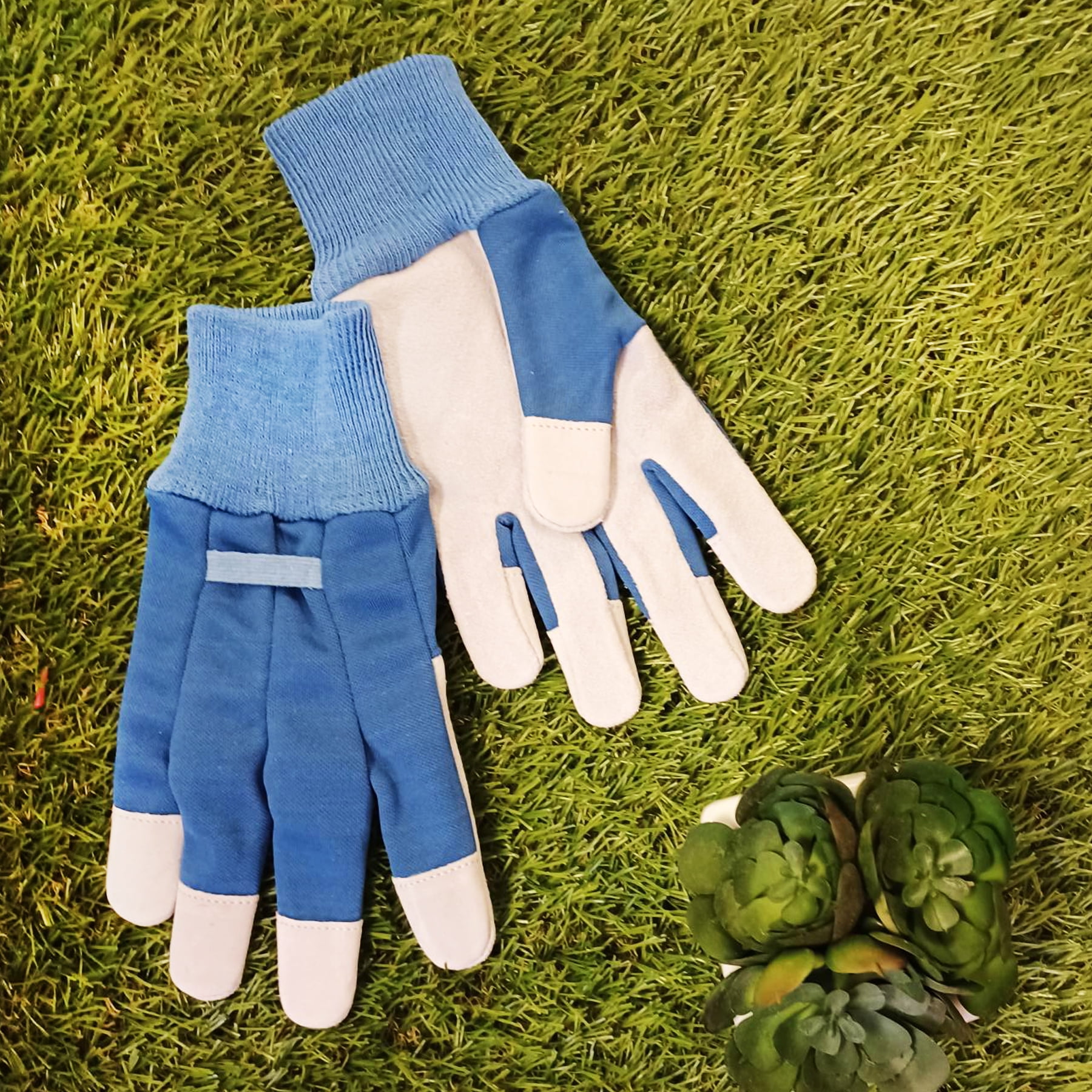 Expert Gardener Ladies Leather Glove with Navy Canvas Back and Knit Wrist, Small