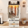 thumbnail image 4 of Blotout 75" Rustic Farmhouse Wardrobe Closet with 3 Drawers & LED Sensor Light, 2 Doors Wood Armoire Clothing Storage Cabinet with Hanging Rail for Bedroom Living Room, 4 of 6
