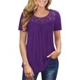 thumbnail image 4 of Qarigey Camiseta de mujer Túnica plisada Top Cuello Manga corta Blusa de encaje de encaje de manga corta Prendas para la parte del cuerpo Violeta S, 4 of 5