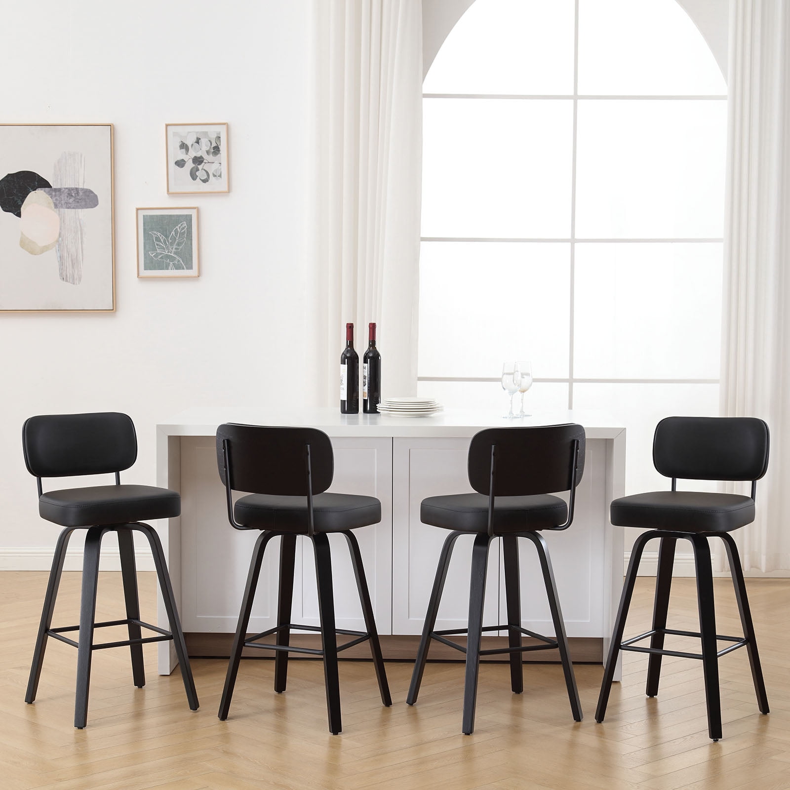 ANMINY Swivel Counter Height Bar Stools, Set of 1, Upholstered Faux Leather Barstools with PU Back, 29" Seat Height Bar Chairs for Kitchen Island, Bentwood Wood Frame