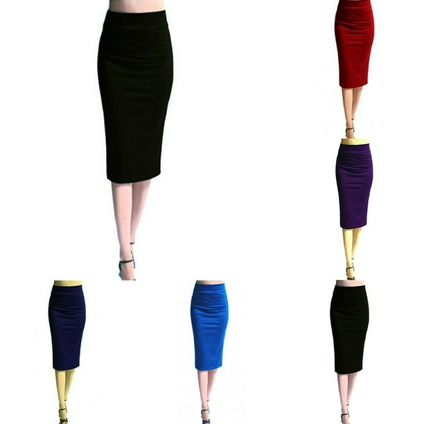 Womens Solid Pencil Skirt Stretch Elastic Waist High Waisted Knee