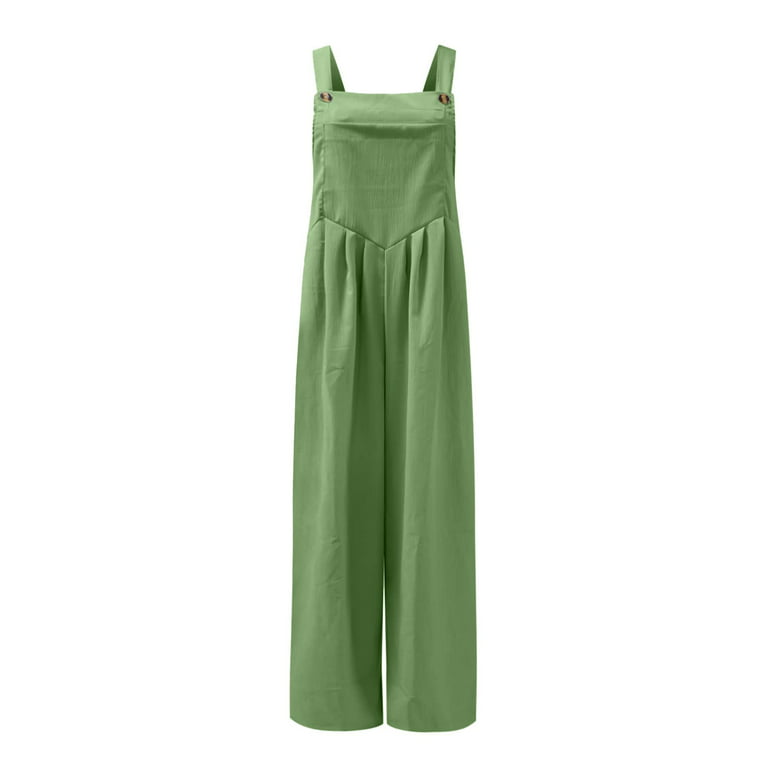 RPVATI Women Overalls With Bib Wide Leg Loose Fit One Piece Jumpsuits Bagg  Strap Sleeveless Overalls Loose Square Neck Long Pant Romper with Pockets  Green XXL 