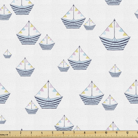 Nautical Fabric by the Yard, Sea Sailing Boats Triangle Banner Flags Geometric Ocean Marine, Decorative Upholstery Fabric for Chairs & Home Accents, Pale Blue White by Ambesonne