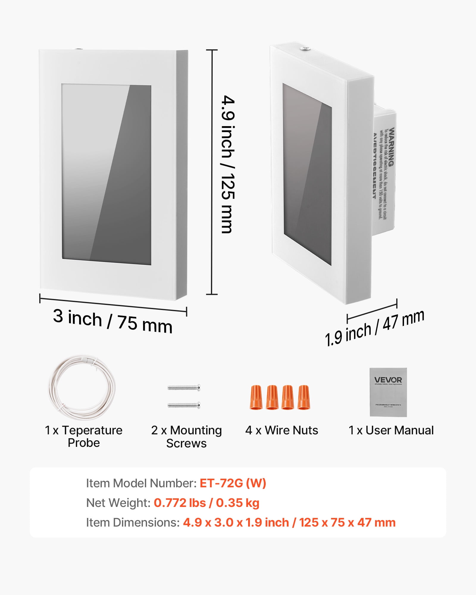 VEVOR 7-Day Programmable Thermostat, Home Thermostats for Radiant Underfloor Heating Cable, Heat Pump, with GFCI & Sensitive Sensor, LCD Touchscreen, Energy-Efficient, Gray-White (Without Wifi)