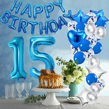 Ceqiny 15th Birthday Decoration Happy Birthday Banner Balloon Set Blue ...