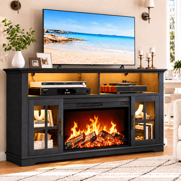 UHOMEPRO 63 Inch Electric Fireplace TV Stand for TVs up to 70 Inch, Fireplace Entertainment Center with 30 Inch Fireplace, LED Lights, Modern TV Console Table for Living Room, Black