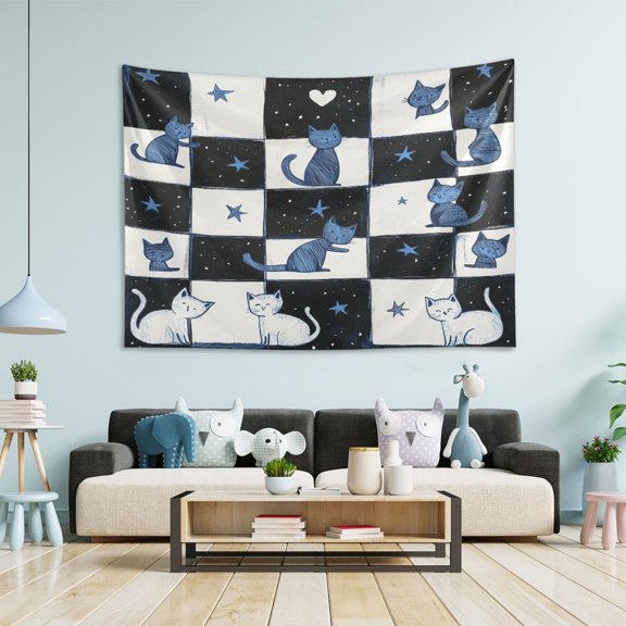 Yayeee Tapestry Wall Hanging for Bedroom 60" x 40" Living Room Home Wall Art Decor, Blue Cat Stars