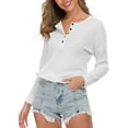 thumbnail image 2 of Coloody Tuniques en Tricot Gaufré pour Femmes, Coupe Ample, Manches Longues, Boutonnées, Col en V, Henley, 2 of 4