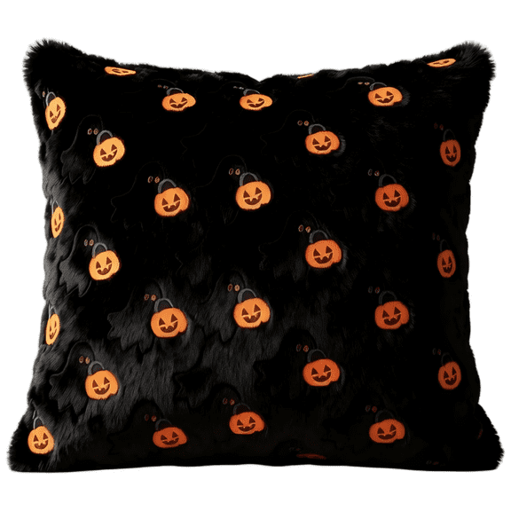 Halloween Ghost Pumpkin Embroidered Pillow Cover 18x18 - Black Plush Throw Pillow Case for Halloween Decor, Couch, Sofa & Bedroom (1 Pc)