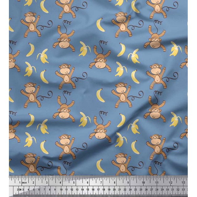 Soimoi Poly Georgette Fabric Banana & Monkey Kids Printed Fabric 1 Yard 42 Inch Wide