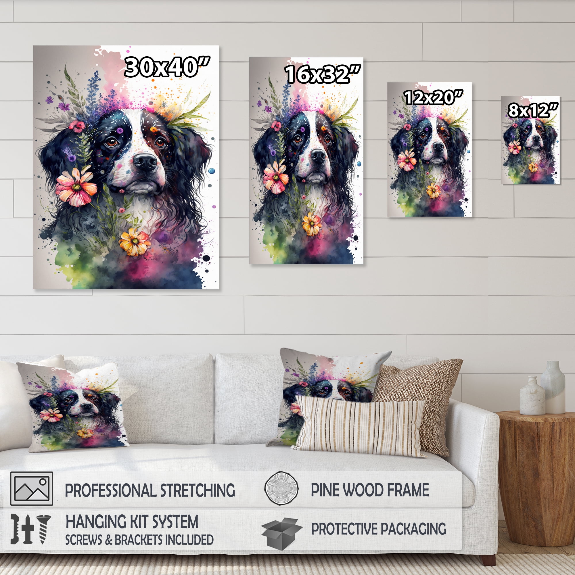 Designart Cute Dog Floral Art I Canvas Wall Art