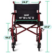 Medline Transport Wheelchair with Permanent Desk Arms, Ultra Lightweight, Swing-Away Footrests, Foldable, 300 lb Weight Capacity, Red