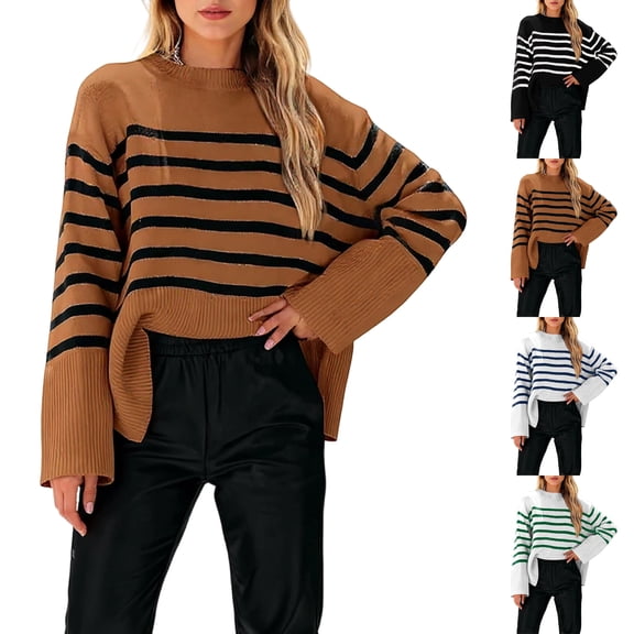 Women's Striped Oversized Sweater Crewneck Side Split Long Sleeve Pullover (Beige, L)