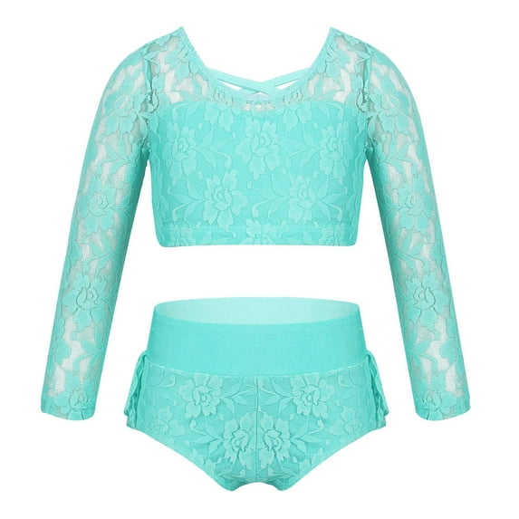 Alvivi Kids Girls Dancewear Outfit Lace 3/4 Sleeves Crop Top Ruffled Briefs Set 6-14
