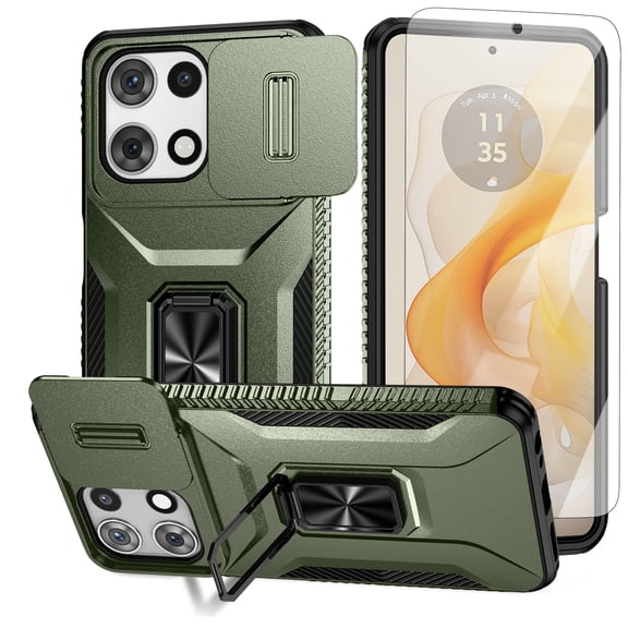Dteck Case with Tempered Glass Screen Protector for Motorola Moto G Stylus 5G 2025,Shockproof TPU PC Slide Lens Protection Case 360° Rotated Ring Kickstand Back Cover,Darkgreen