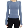 thumbnail image 2 of ClodeEU Women's Long Sleeve Running Tops ,Seamless Yoga Wear, Sportswear Breathable Workout Clothes Blue,Womens Plus L, 2 of 7