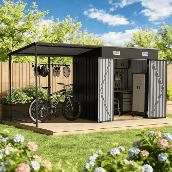 BaPiPro 6x4 ft Metal Storage Shed with Hardtop Pergola – 12x6 ft 2-in-1 Black Outdoor Tool Shed & Bike Shelter, Weatherproof with Lockable Door
