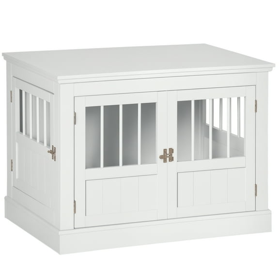 FASCK Dog Crate End Table with Triple Doors, Wooden Dog Crate Furniture Indoor Use, Puppy Crate for Small Dogs,White