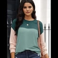 thumbnail image 4 of Moda para Mujer 2025, Camisetas Holgadas Informales de Punto con Cuello Redondo y Larga con Bloques de Color Verde L, 4 of 7