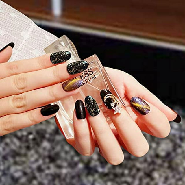 Uñas postizas de longitud media a presión, uñas postizas de color negro brillante, uñas acrílicas cortas con pegamento para mujeres, uñas postizas artificiales con diseño DIY, manicura de cobertura