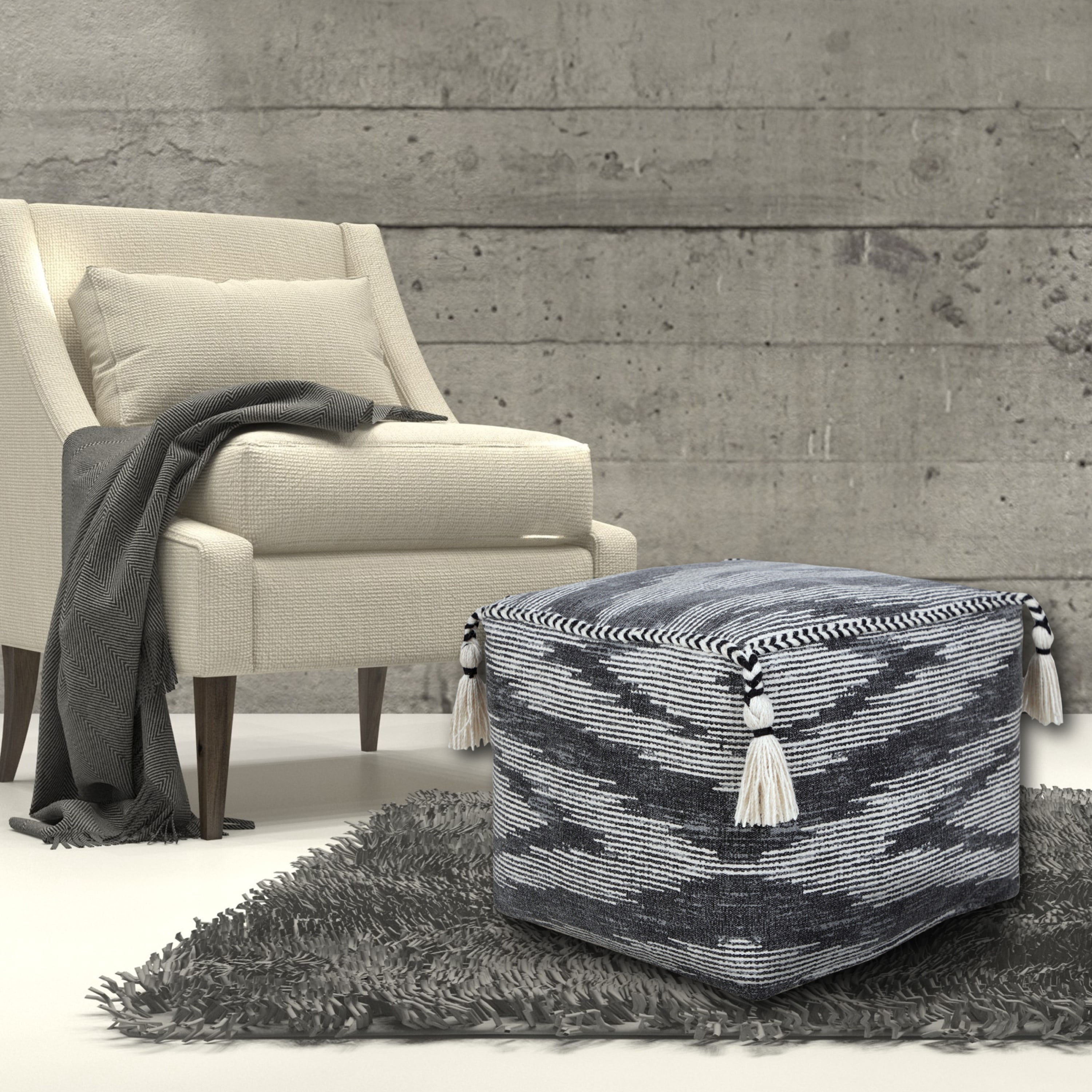 LR Home Small Tassels Chevron Indoor Square Pouf, Gray/Ivory, 18" x 18" x 14"