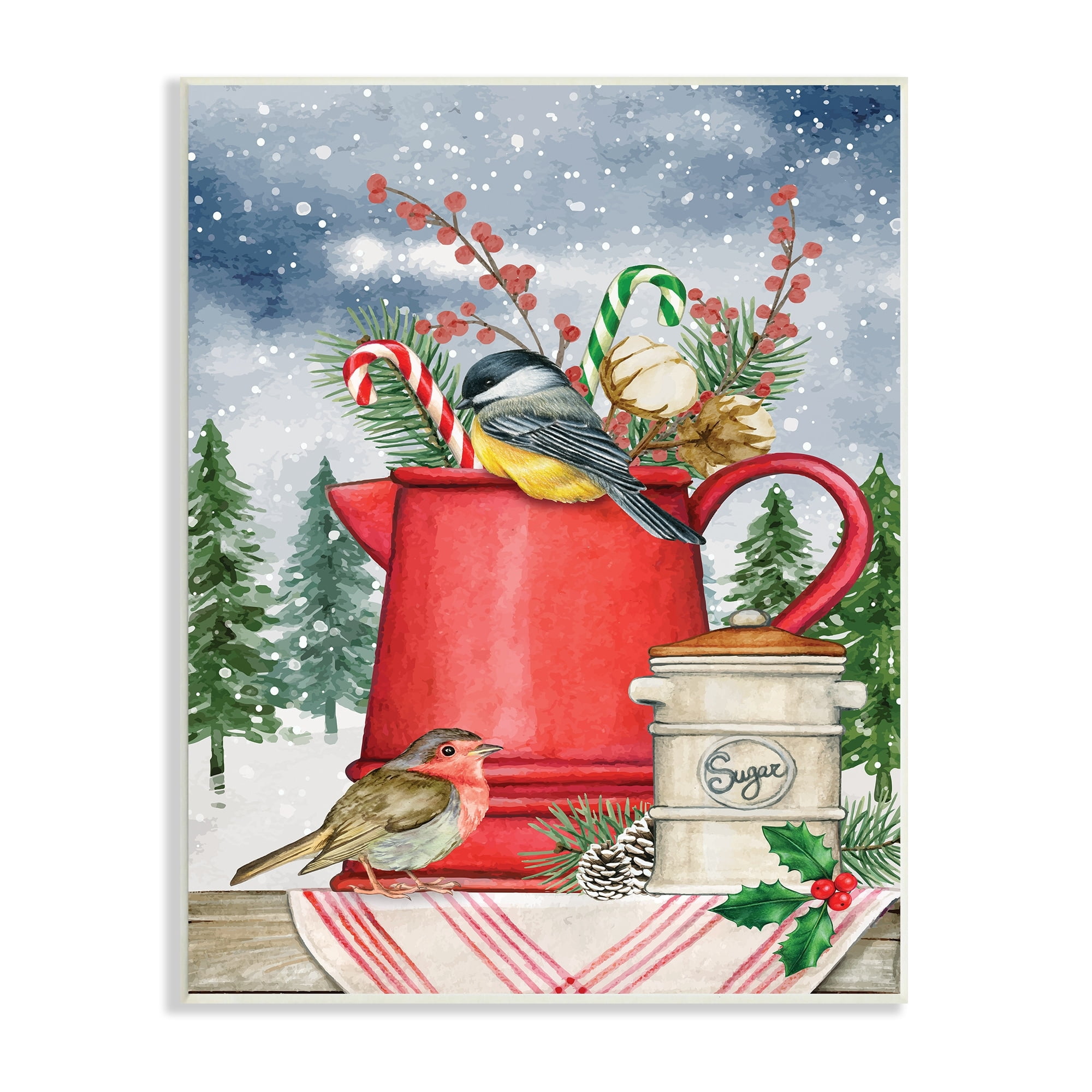 Winter Birds Perched Tea Kettle Holly & Fir Botanicals Botanical & Floral Painting Unframed Art Print Wall Art