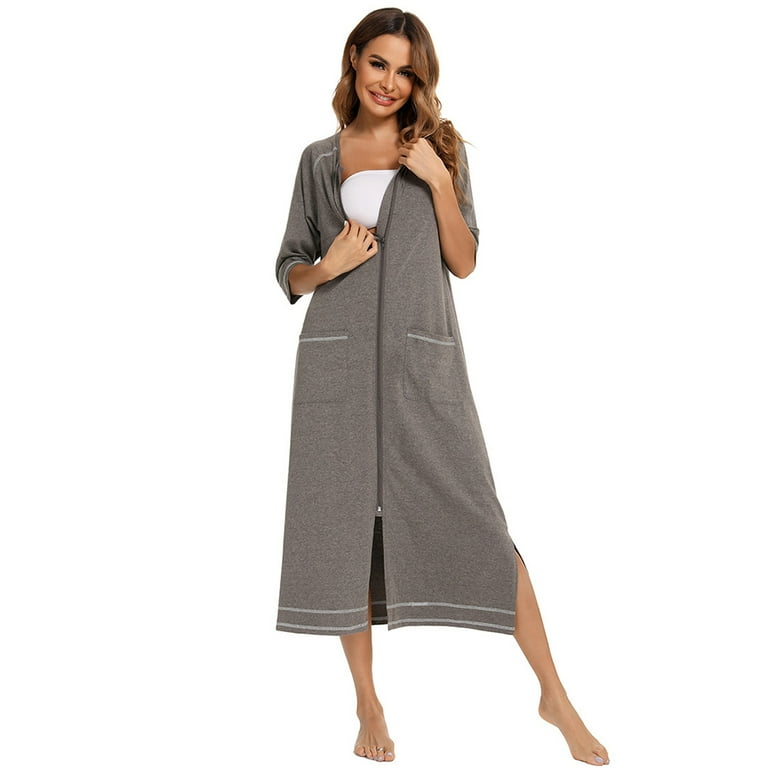 Women Zipper Robes Full Length Nightgowns Cotton Loose Housecoat