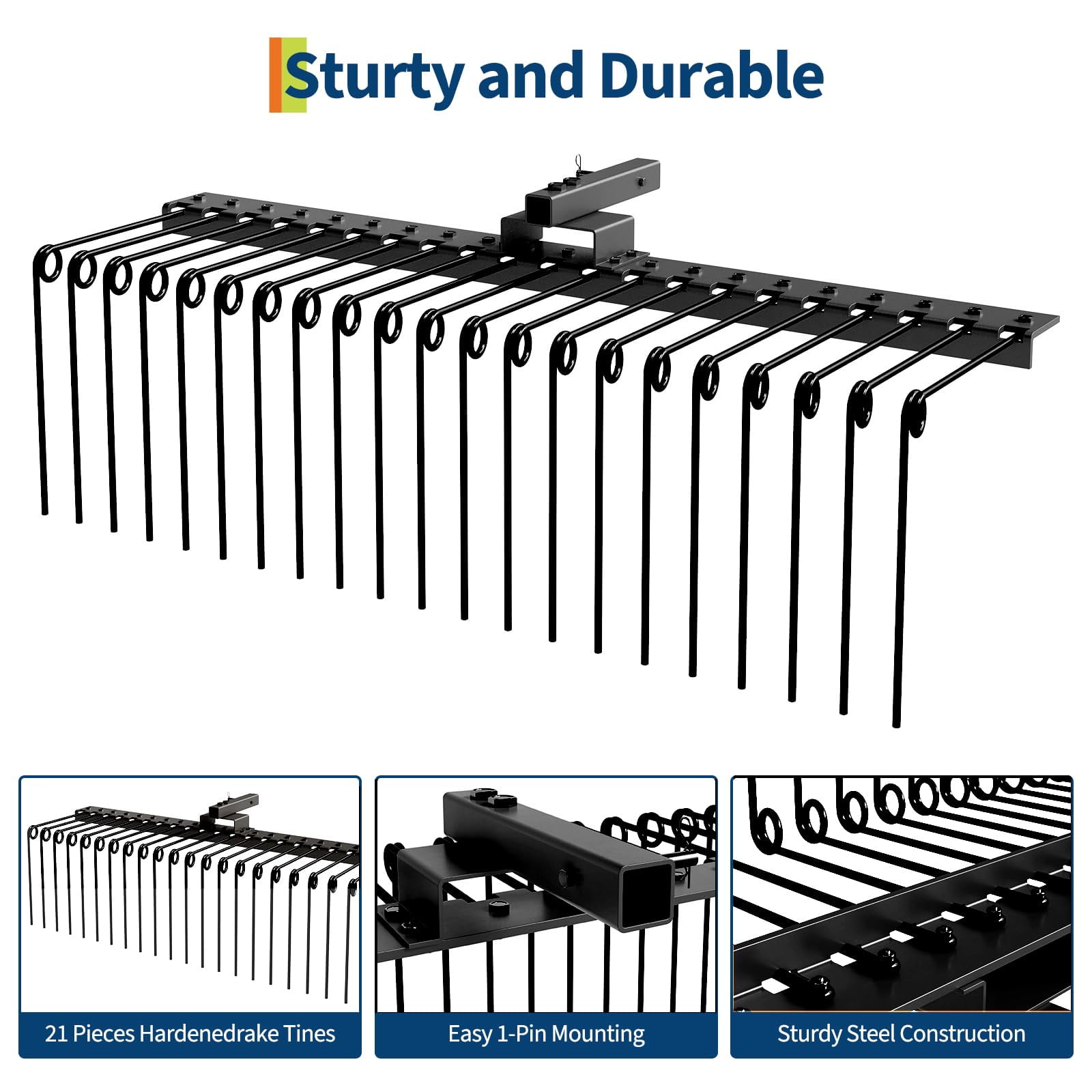 Heavy Duty Landscape Rake Attachment – 48 Inch Steel Pine Straw Rake with Durable Spring Tines, 2 Inch Receiver, Ideal for Hay, Pine Needles, and Lawn Care, Black | 48 inches