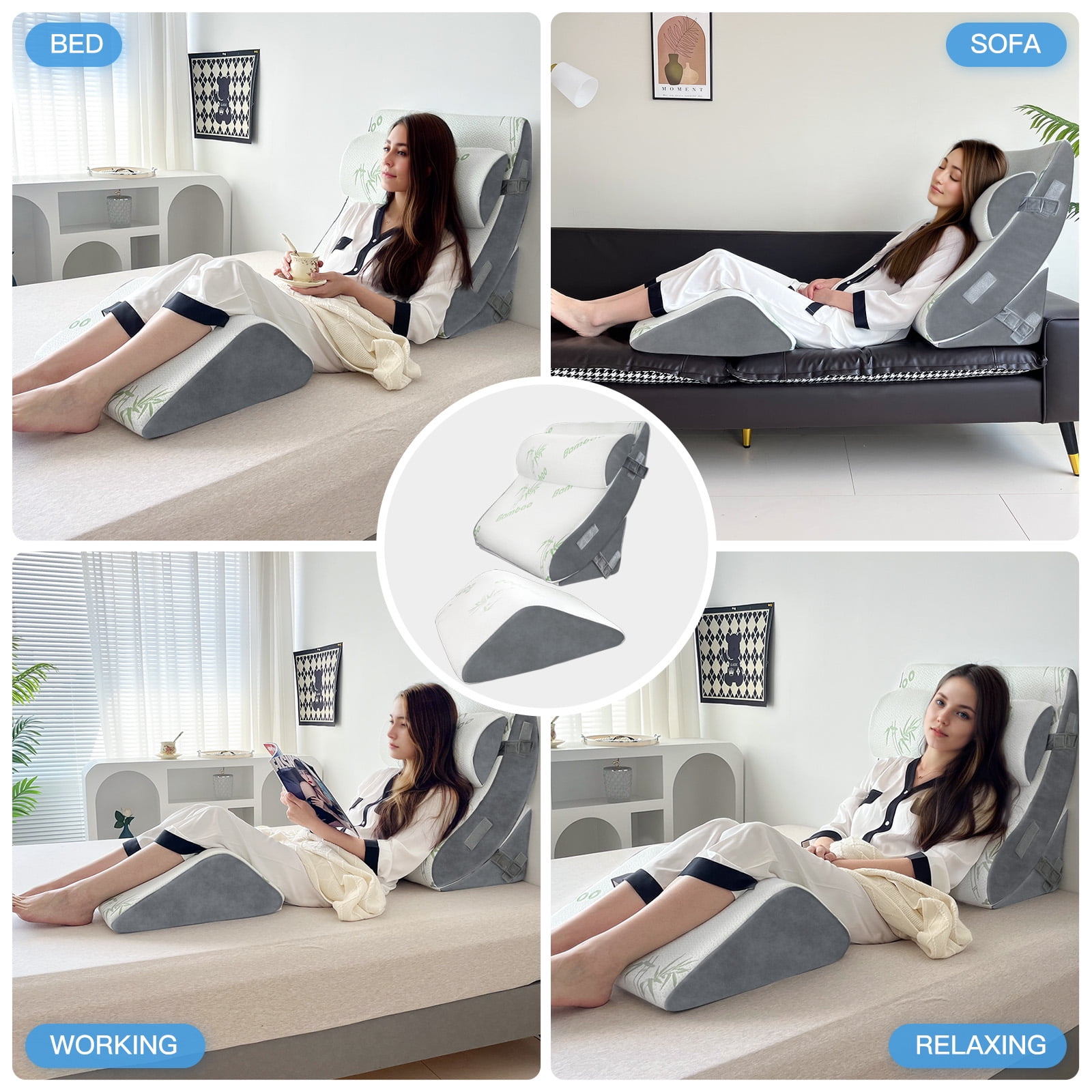 Airensky Orthopedic Wedge Pillow Set for Sleeping – 4PCS Adjustable Memory Foam Bed Wedge for Acid Reflux, Post Surgery, Back Pain, Leg Elevation & Snoring Relief
