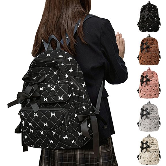HJYCHN Bookbag for Girls Ruffled Quilted Bow Ribbon Backpack Back to School Supplies for Kids Boys Backpack Black