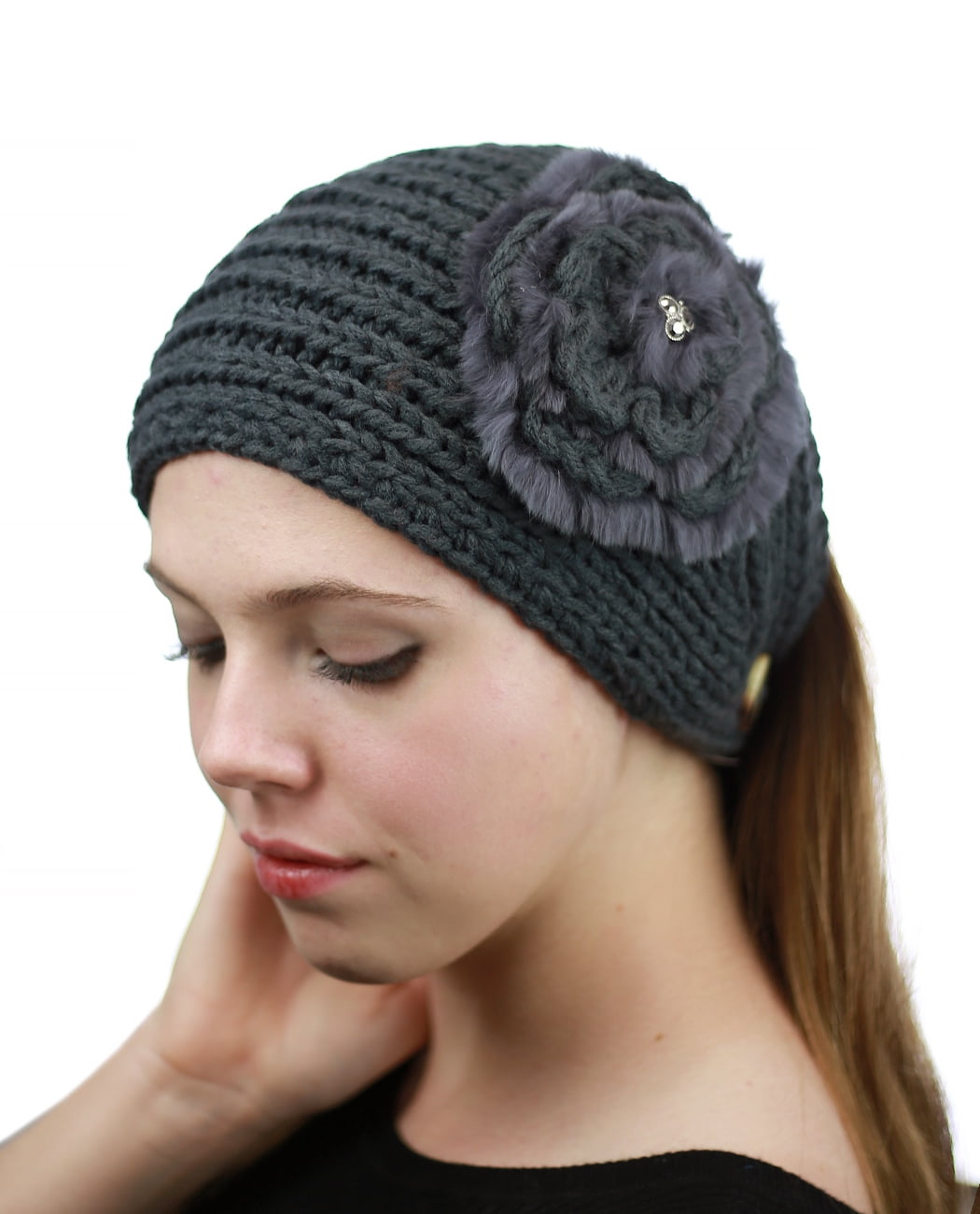 NYFASHION101 Stone Accent Hand Knitted Flower Winter Headband
