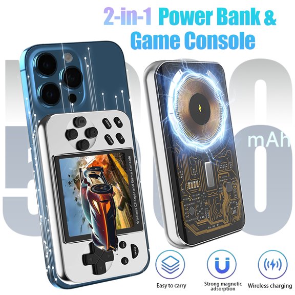 Handheld Game Console, Portable Magnetic Wireless Charger, Built-in 6000 Games, 3 Screen, 5000mAh Gaming Power Bank, Lightweight Battery Backup, Silver