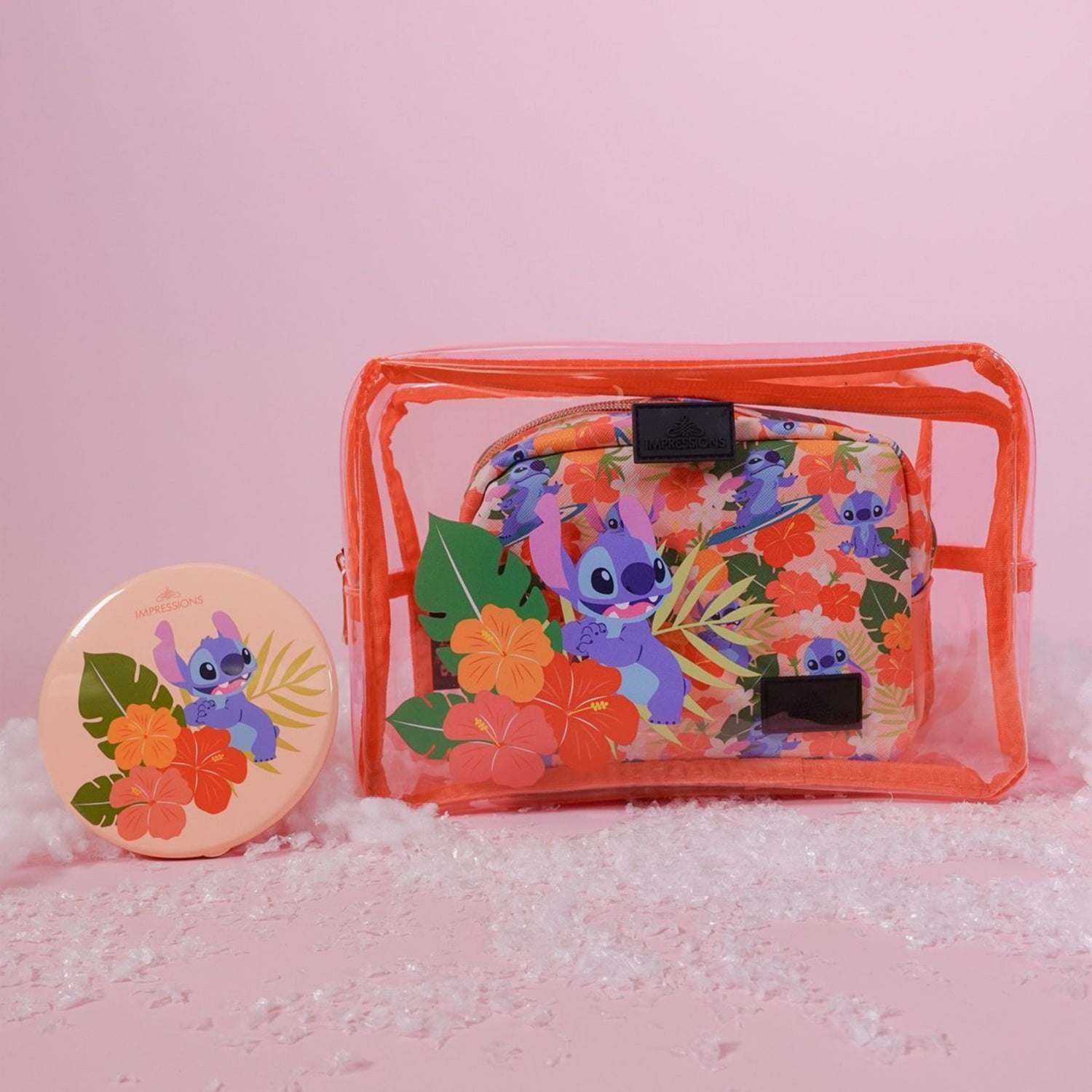 Impressions Vanity Disney Stitch Nested Makeup Clutch Set with Faux Leather Cosmetic Bag, Coral