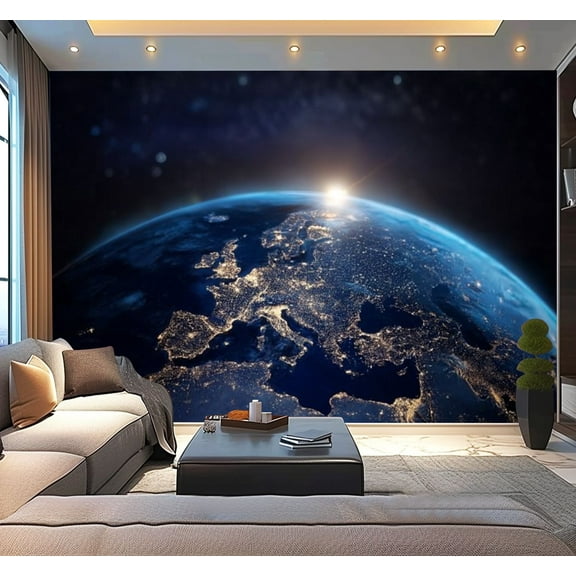 Peel and Stick Wallpaper Planet Earth viewed from space city lights Europe World sunrise Modern Art Wall Mural Decor Self Adhesive and Removable 100in x 144in