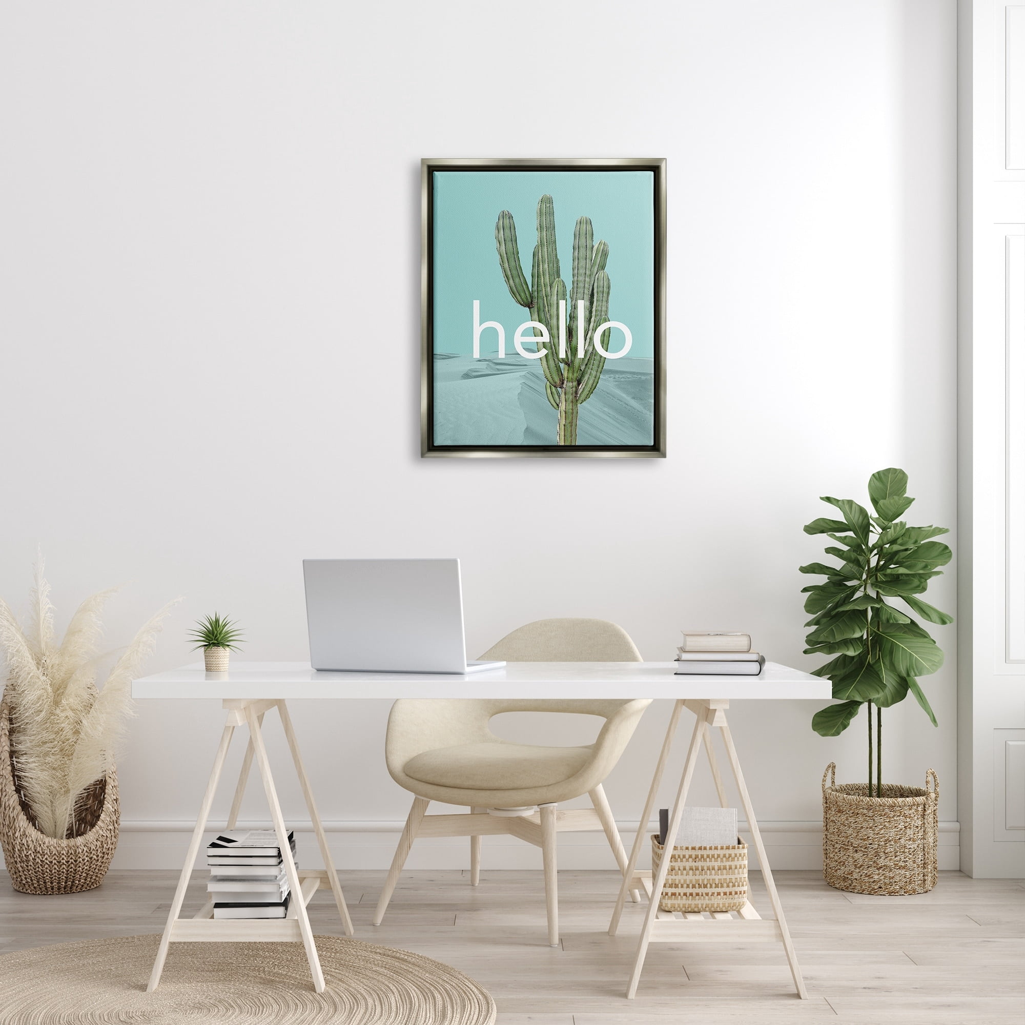Stupell Industries Bold Hello Cactus Greeting Blue Desert Dunes Graphic Art Luster Gray Floating Framed Canvas Print Wall Art, Design by J. Weiss